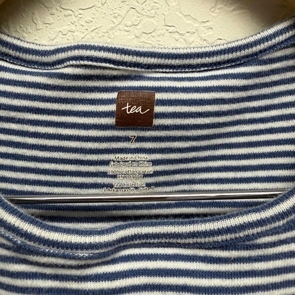 Tea‎ Collection Girls Dress Size 7 Blue Striped Floral Print Long Sleeve - Picture 2 of 4